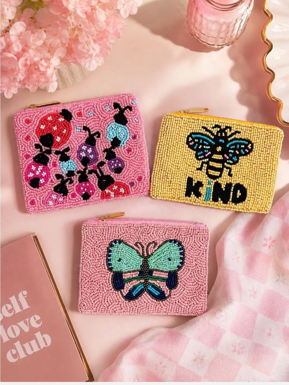 Kids Beaded Butterfly & Bee Coin Pouch - Pink & Yellow